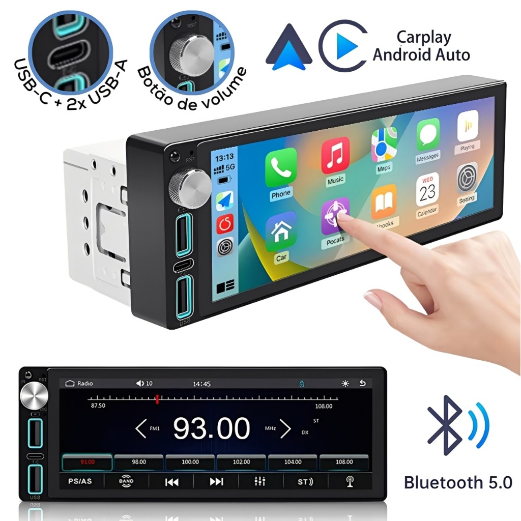 Central Multimídia 1Din IPS Full Screen 6.9 Pols, Android Auto e Carplay, Espelha Waze, Maps, BT, FM