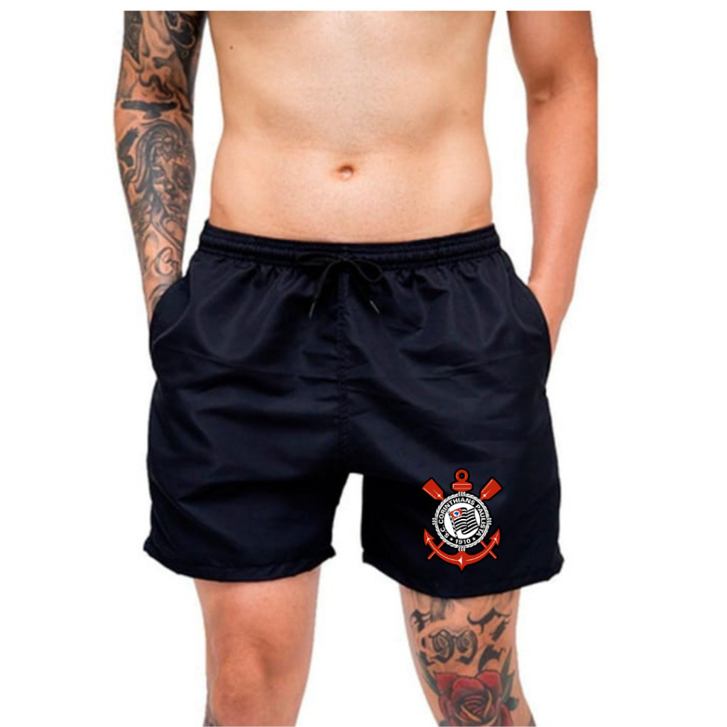 Short Praia Corinthians Elastano Mauricinho Tactel Estampado