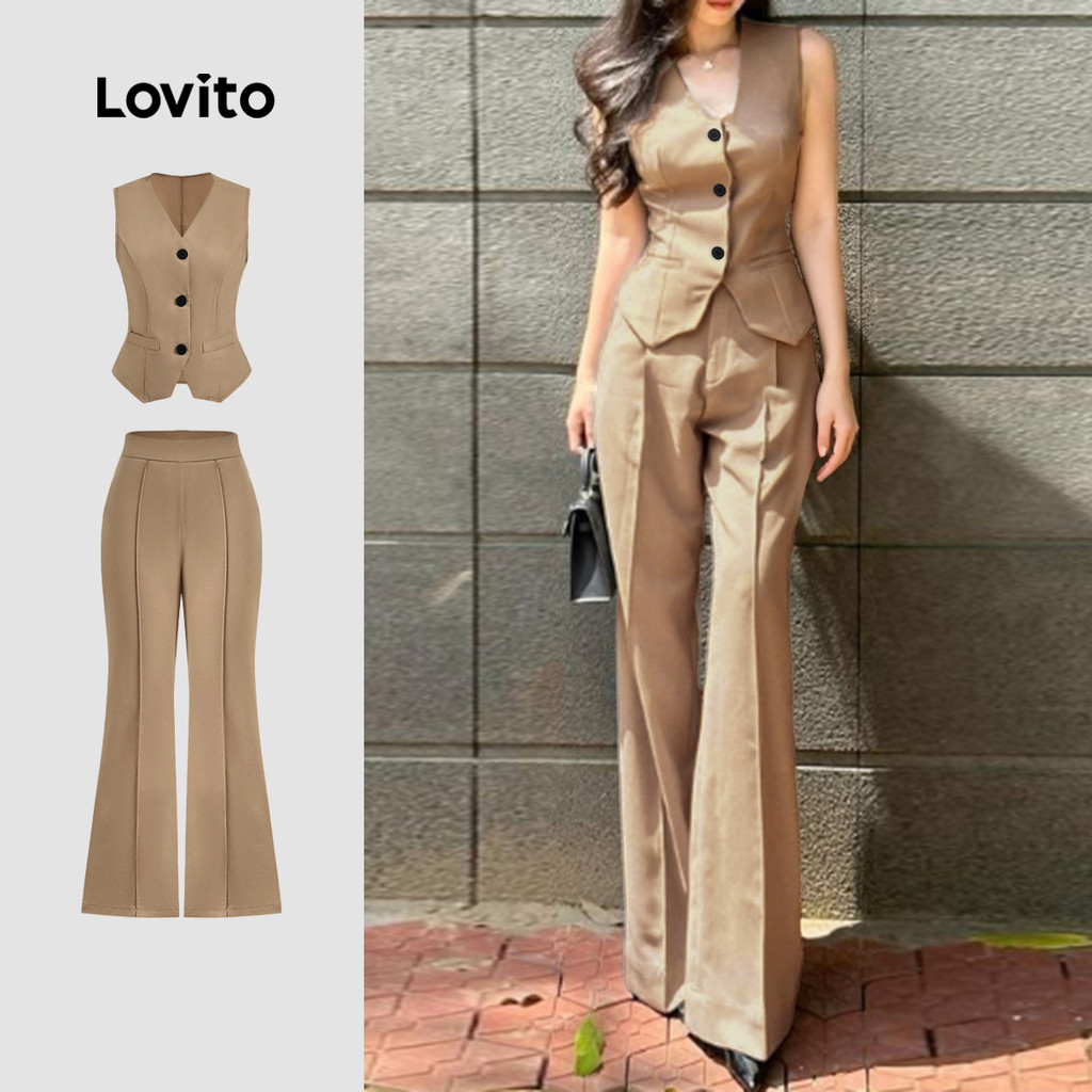 Lovito Conjuntos De Calças Elegantes Para Uso Diário Primavera/verão Calças Cáqui Claras Conjuntos Mulheres L138ED053 em Oferta na Shopee