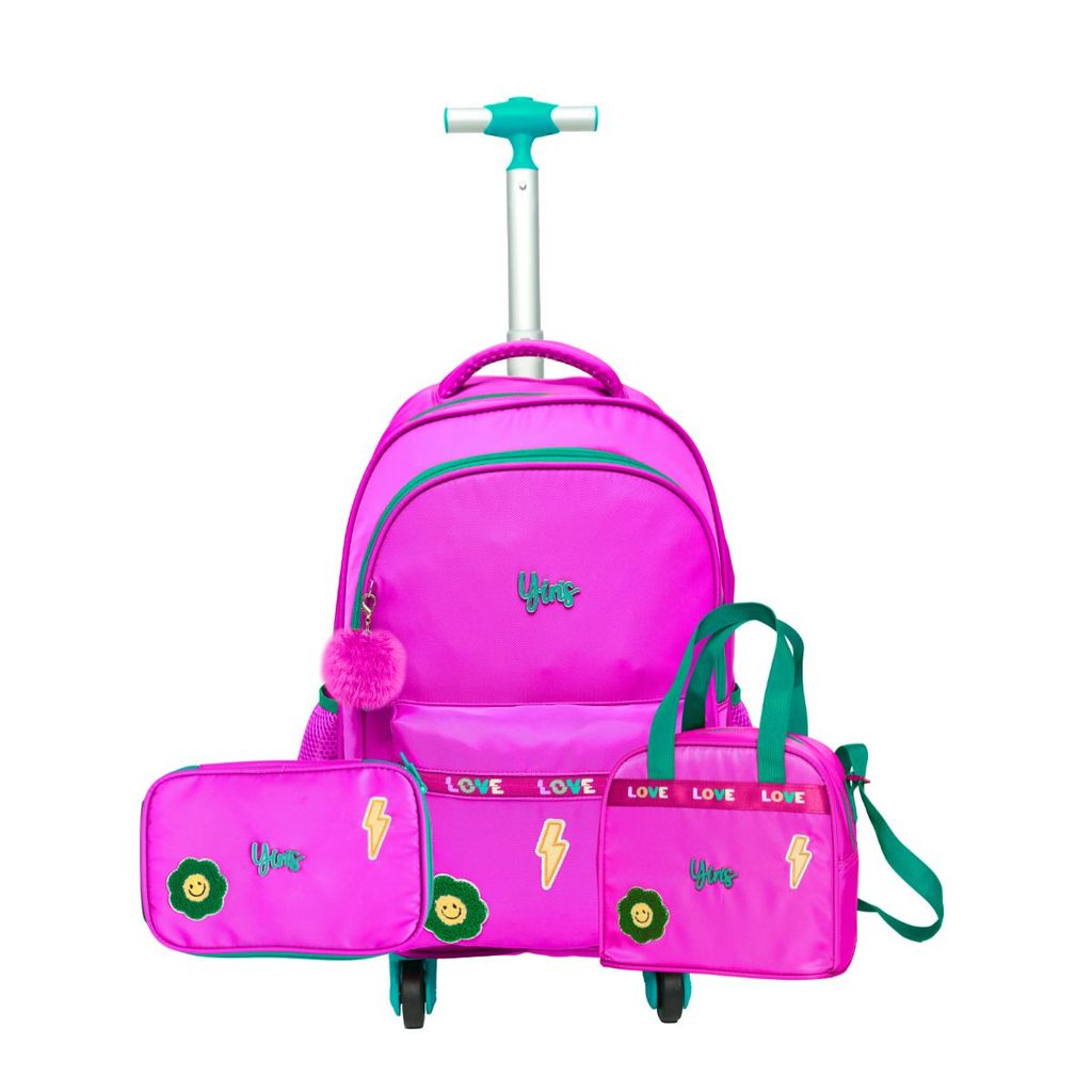 Kit Mochila Rodinha Lancheira Estojo Love Escolar Meninas