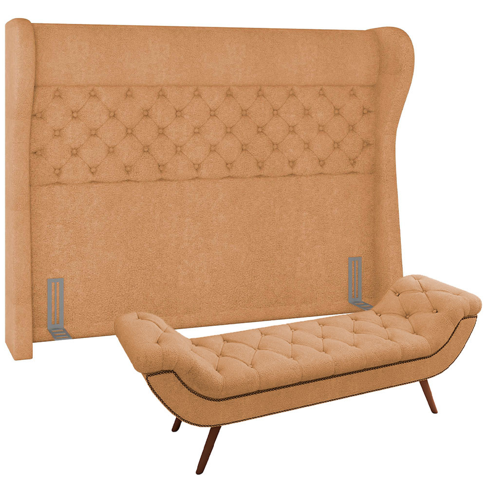 Kit Cabeceira Cama Box Queen 160 cm Madrid com Puff Recamier Santorini P05 Bouclê Mostarda - Lyam Decor