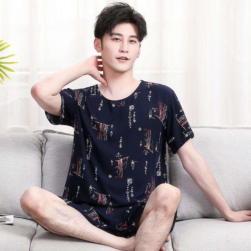 Pijamas de seda de algodão masculino verão Shorts de manga curta estilo fino pulôver algodão Artificial seda ar condicio