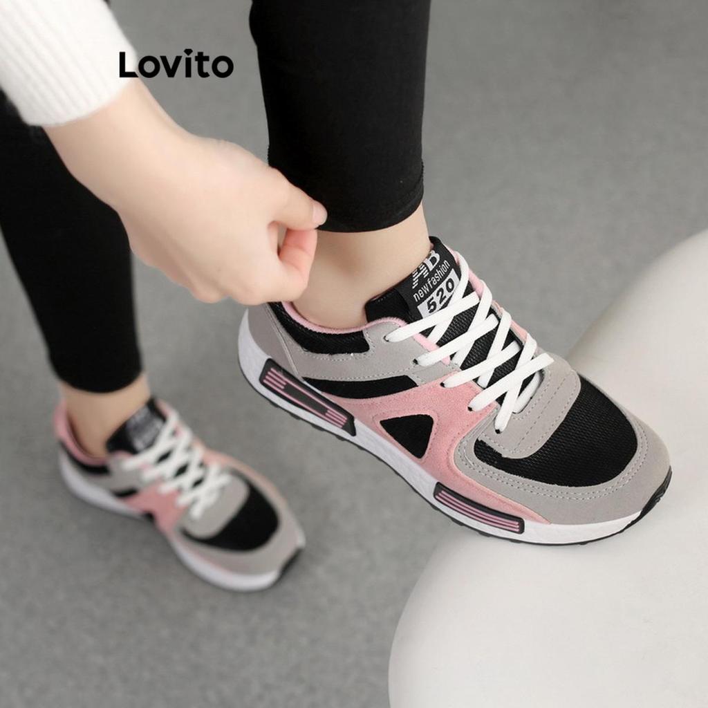 Lovito Esporte Simples Versão Coreana Preto E Branco Cor Combinando Respirável Sapatos Largos Tênis Para Mulher LFA67310 em Oferta na Shopee