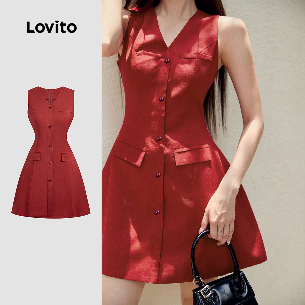 Lovito Vestido Casual de Botão Primavera/verão Vermelho para Mulheres L158ED1230