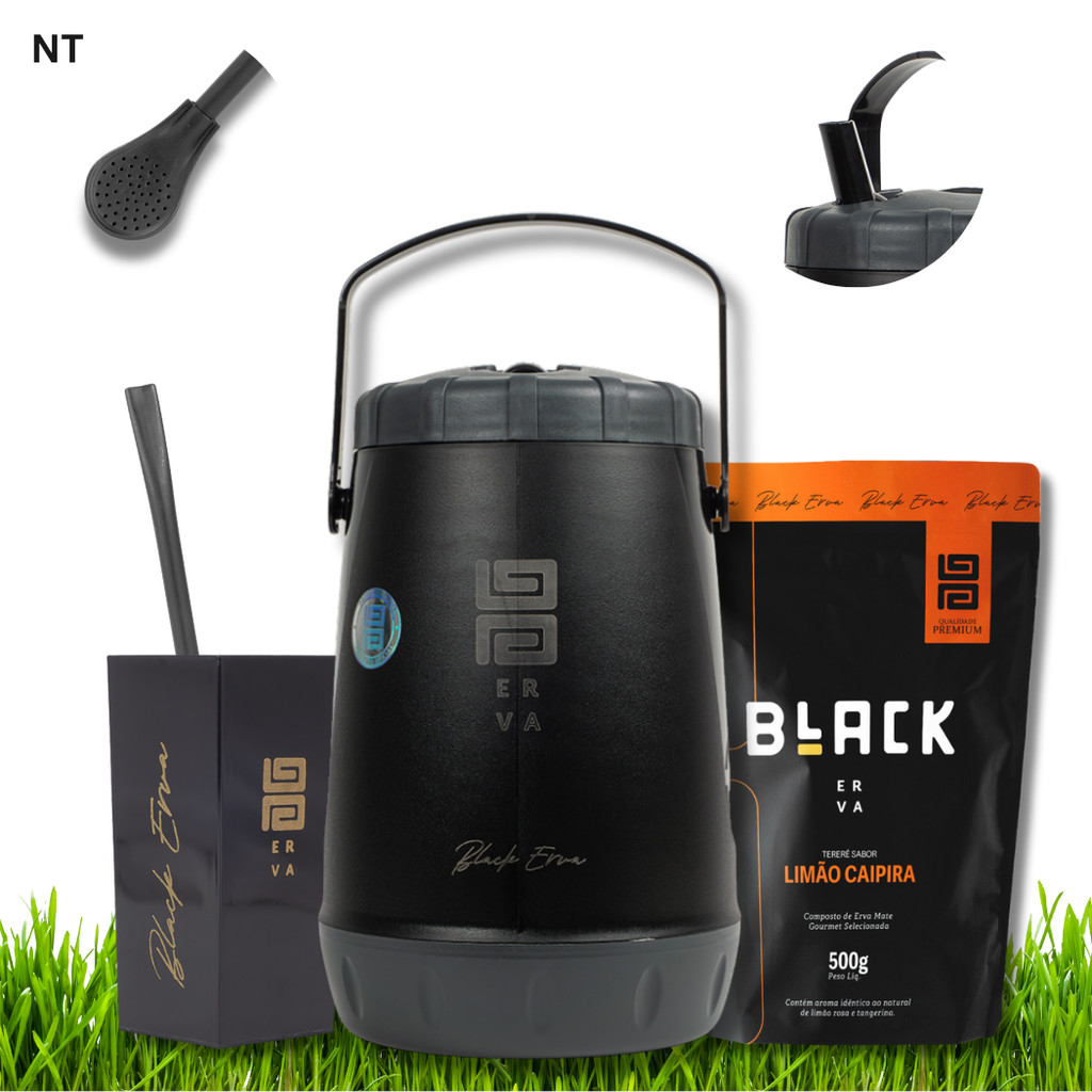 Kit Tereré Premium Black Erva – Garrafa Térmica Preta + Copo Quadrado+Bomba+Erva Limão Caipira 500g