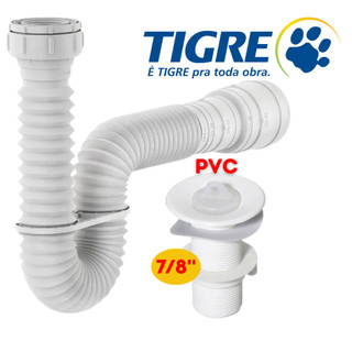 Sifão Sanfonado Tigre Branco Extensivo 66cm+Válvula Pia Lavatório/Tanque PVC Branca Cifao Universal