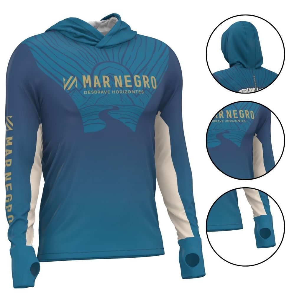 CAMISA DE PESCA X PROTECTION FISH TAIL COM CAPUZ LUVA PROTEÇÃO UV MAR NEGRO