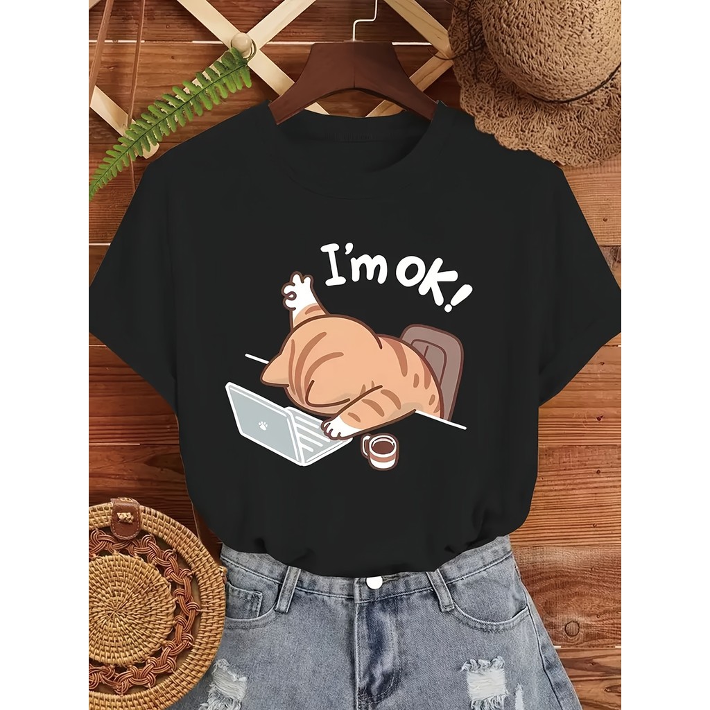 BR Moonlight Camiseta Feminina Gato "Im Ok" Laptop Computador Preta Branca Estampada Confortavel Fofa Divertida Verão