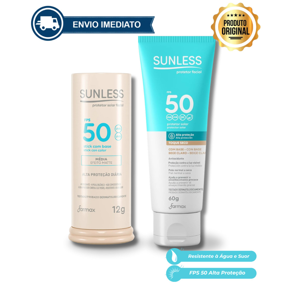 Protetor Solar Facial Sunless Bastão ou Loção com Cor FPS 50 60g Toque Seco 12g