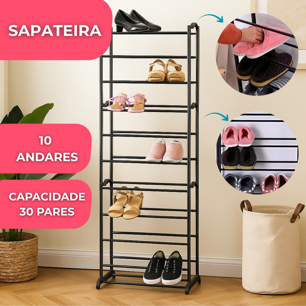 Sapateira Vertical 10 Prateleiras Estante Organizador Calçados Tênis Fácil Montar Grande Tippi