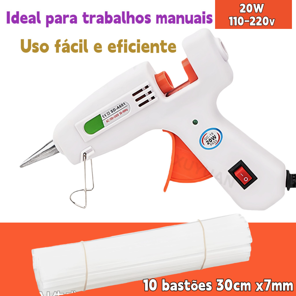 Pistola de Cola Quente Bivolt 110V/220V 20W Artesanato Profissional + 10 Bastões 7mm x 30cm