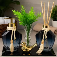 Kit Lavabo Completo Ágata Degradê Preto Vaso Bandeja Saboneteira Difusor e Passarinho