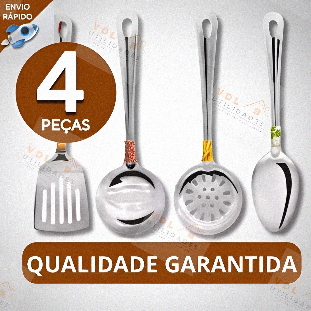 Utensilios para Cozinha INOX 4pçs Espatula Escumadeira Colher de Arroz Concha Louça Comida Casa