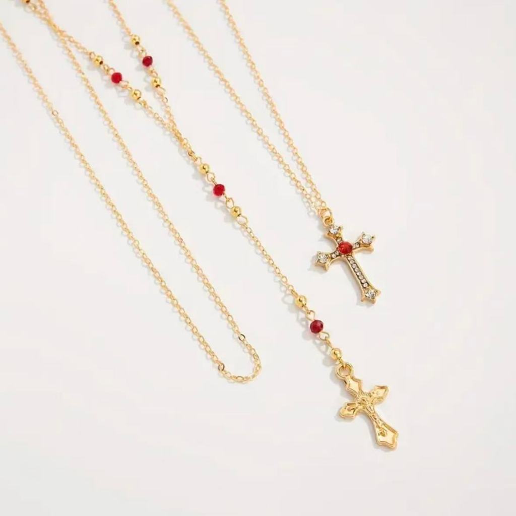 3 Peças Conjunto Colar Pingente de Cruz com Strass, Colar Gargantilha Multicamadas de Corrente Metálica Versátil — imagem 2 de 2