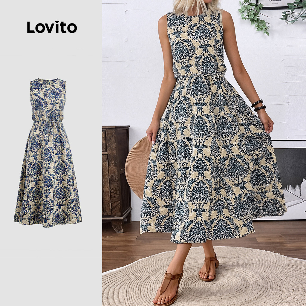Lovito Vestido Boho com Pregas Vestido de Primavera/verão para mulheres LBL29140