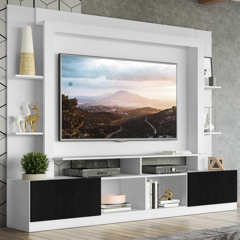 Rack Estante Com Painel E Suporte Tv 65" E 2 Portas Oslo Multimóveis Branco/preto