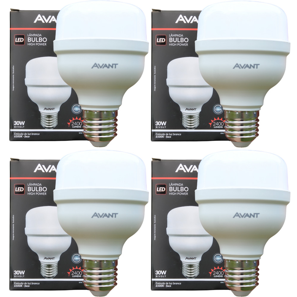 Kit 4 Lâmpadas LED Avant 30W Bulbo High Power Luz Branca 6500K Bivolt Econômicas e Duráveis
