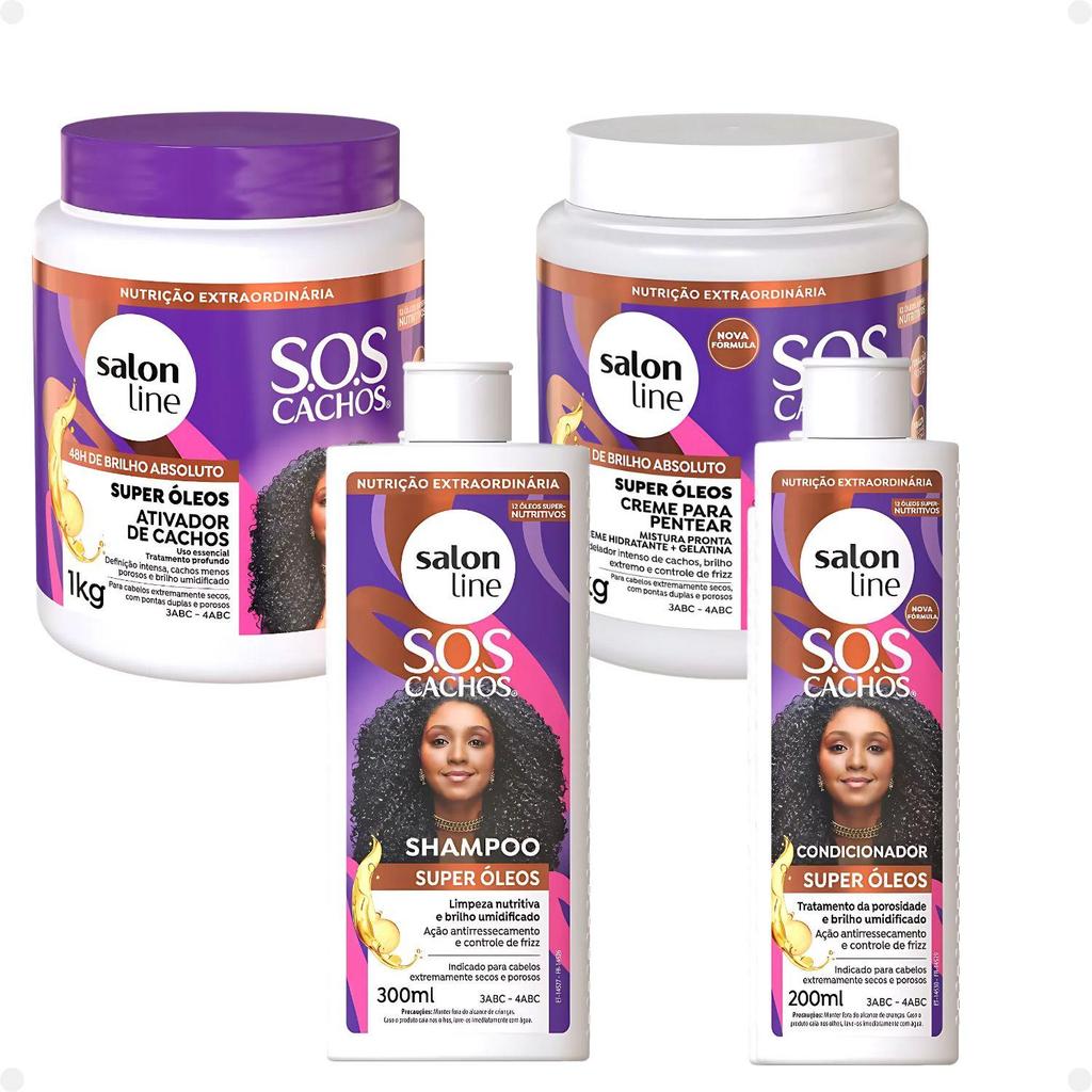 Kit Salon Line SOS Cachos Super Óleos: Sham 300ml e Cond 200ml + Creme 1kg e Ativador 1kg