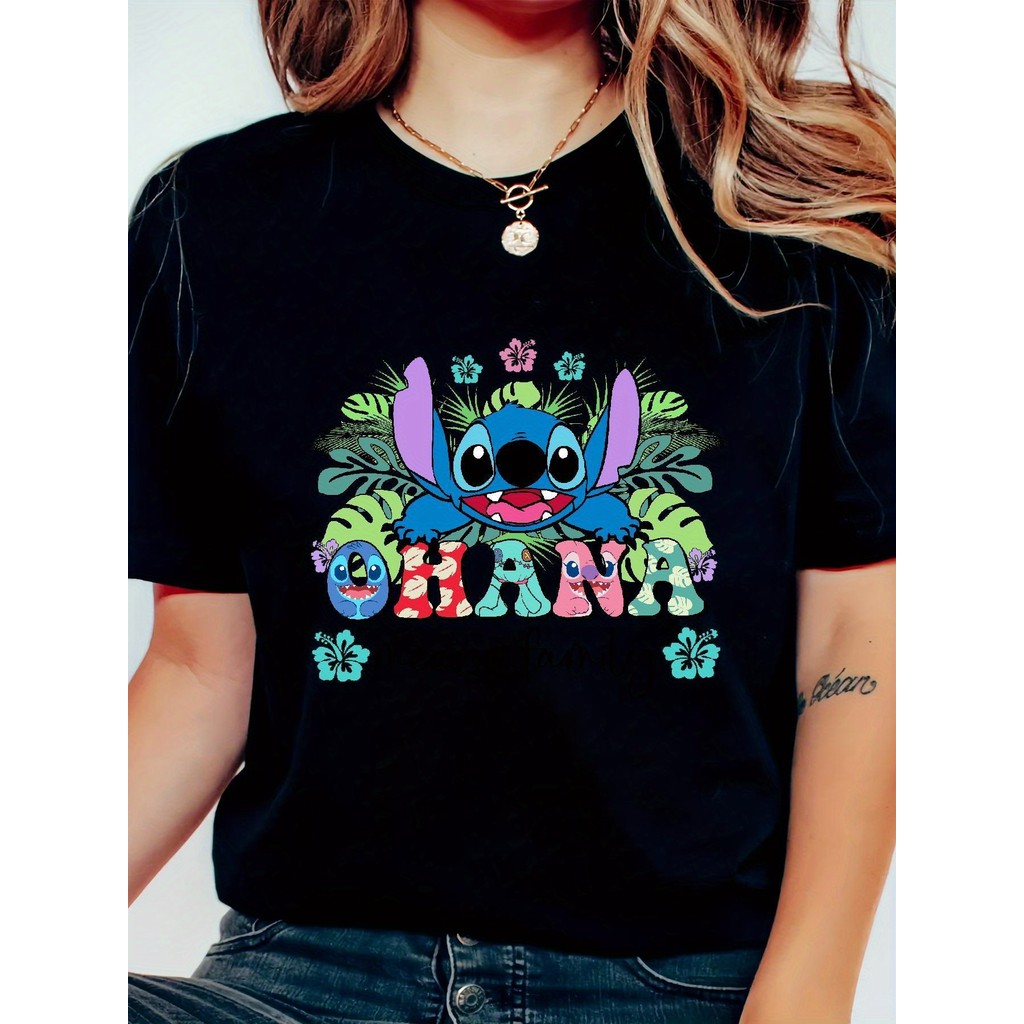 BR Moonlight Camiseta Feminina Stitch "Family Means Me" Flores Estrelas Coloridas Estampada Confortavel Fofa Estilosa