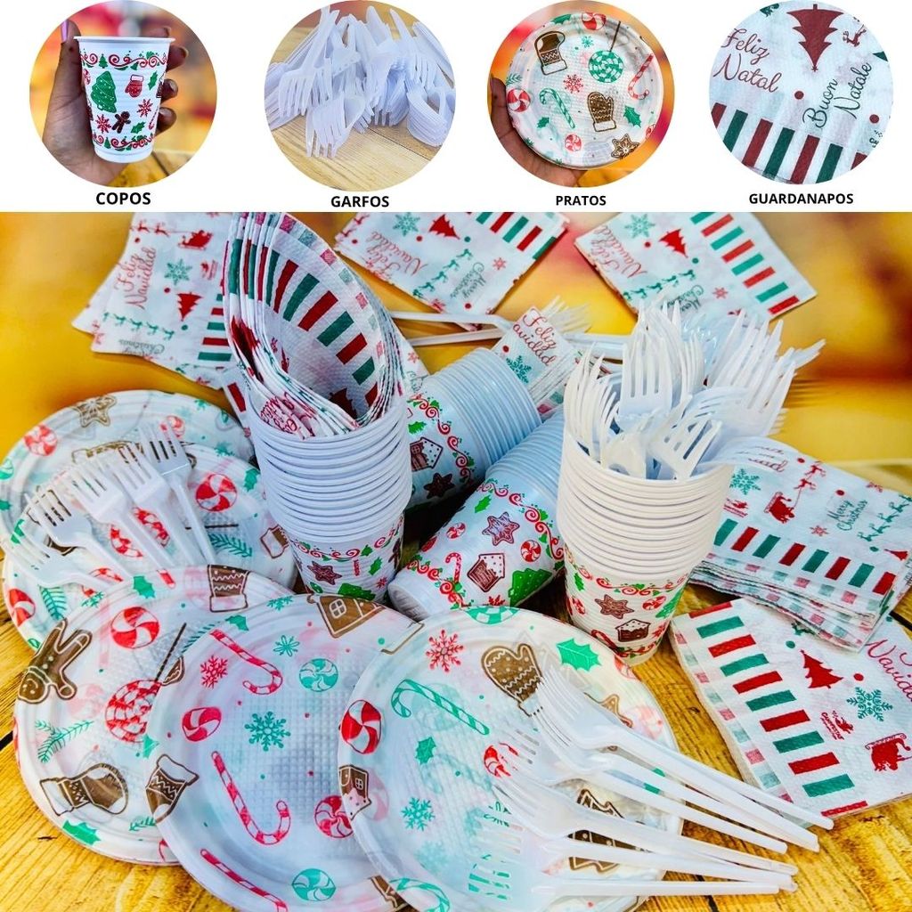 KIT FESTA NATAL 50 PESSOAS COPOS+PRATOS+GARFOS+GUARDANAPO em Oferta na Shopee