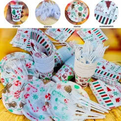 KIT FESTA NATAL 50 PESSOAS COPOS+PRATOS+GARFOS+GUARDANAPO (CHOCO)