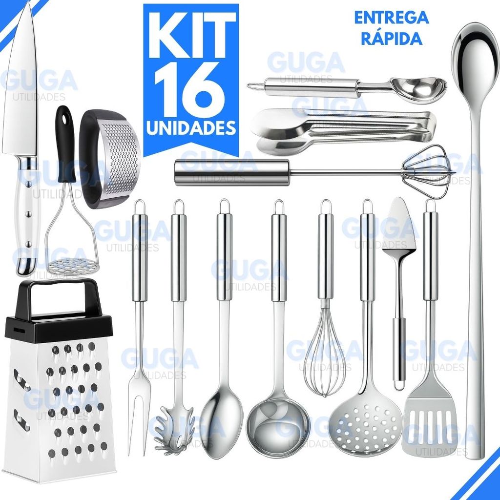 Jogo 16 Utensílios Inox Premium – Concha, Espátula, Fouet, Mixer, Ralador, Pegadores, Faca e Amassadores,Faca,Colheres +