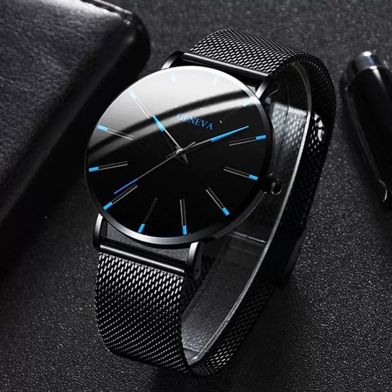 Relógio analógico azul movimento de quartzo pulseira de malha casual relógio masculino simples e elegante