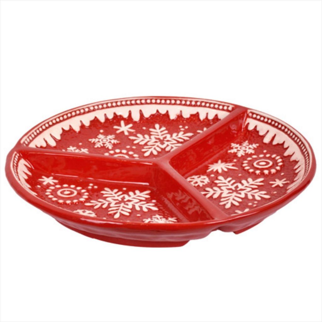 Petisqueira Redonda Tripla Floco de Neve Vermelho Branco Louça Natal 27cm