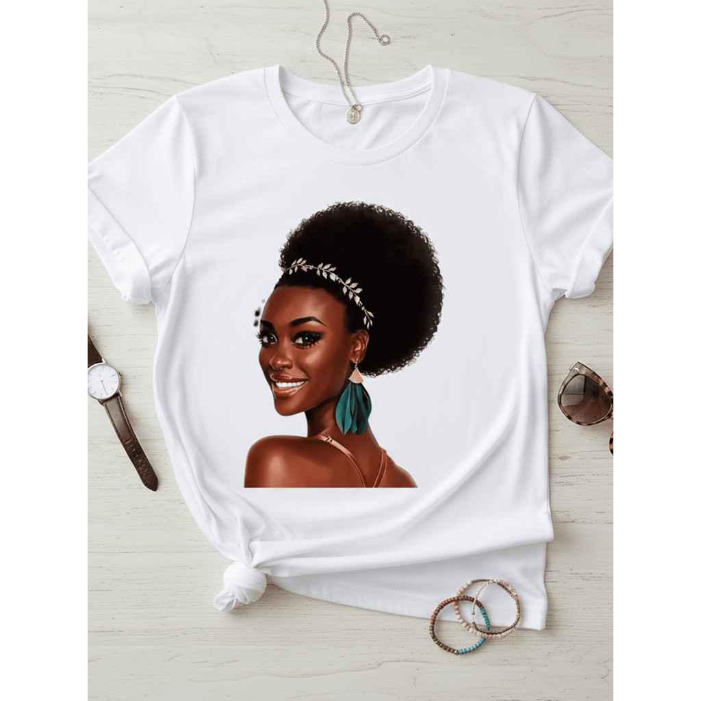 Tshirt Feminina Estilosa Estampada Negra Linda Estampada Lançamento Camiseta 100% Algodão Oversized Plus Size Estampaê
