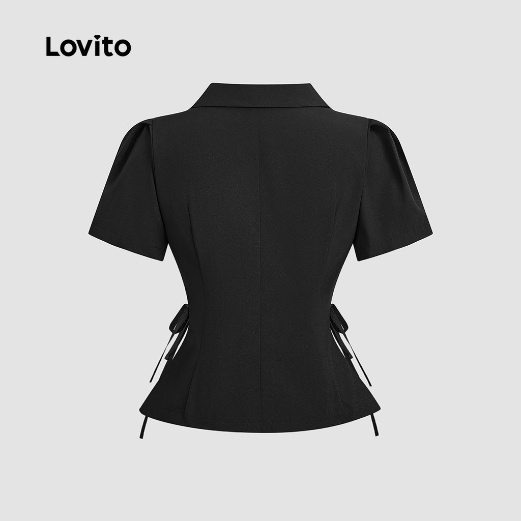 Detalhes do Lovito Blusa Sofisticada em Renda com Botão e Amarração Primavera/Verão Preta para Mulheres L142LD188