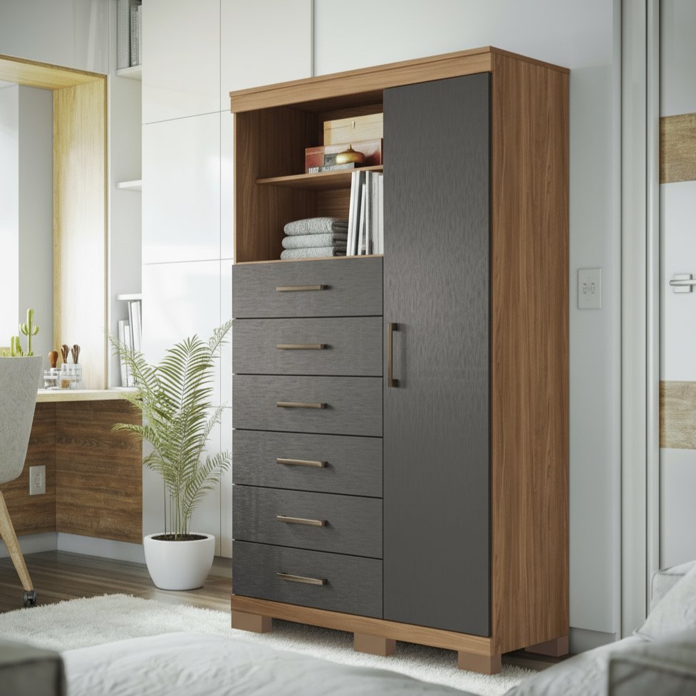 Multi-Cômoda 1 Porta 6 Gavetas Marabá com Pés Jatoba/Grafite em Oferta na Shopee