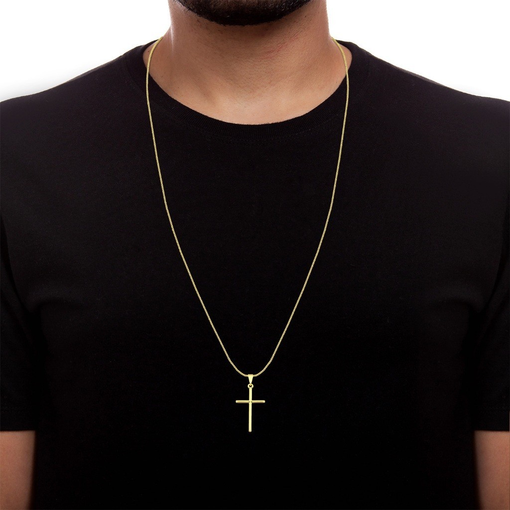 Colar Veneziana  Joia + Pingente Cruz Palito Banhados a ouro  Cordão Masculino e Crucifixo