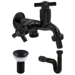 Kit Torneira Dupla Duas Saidas Tanque Maquina De Lavar Cor Preto Em Abs + Valvula Pia + Sifão Black