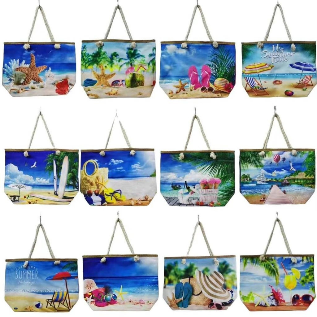Bolsa de praia em lona Beach Way com alça de corda（padrão aleatório）（Bolsa--001）