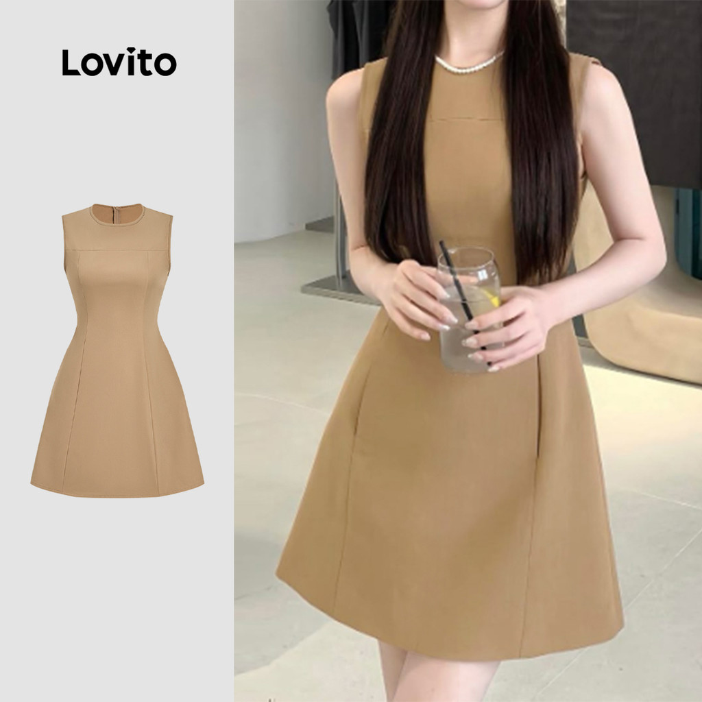Lovito Vestido Elegante Clássico e Versátil Simples para Primavera/verão em Caqui para Mulheres L158ED978 em Oferta na Shopee