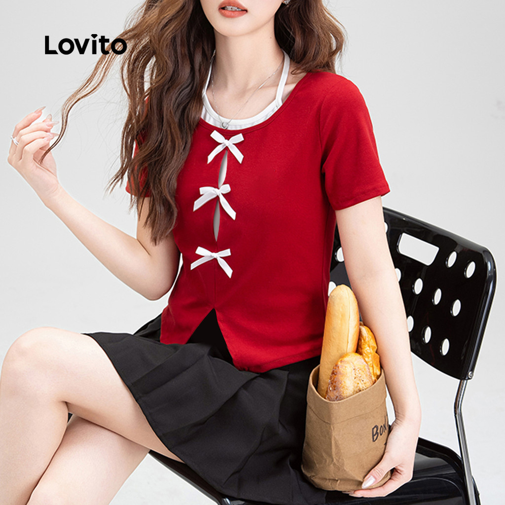 Detalhes do Lovito Camisa Fofa com Laço Balé Primavera/verão Camiseta Vermelha para mulheres L159AD103