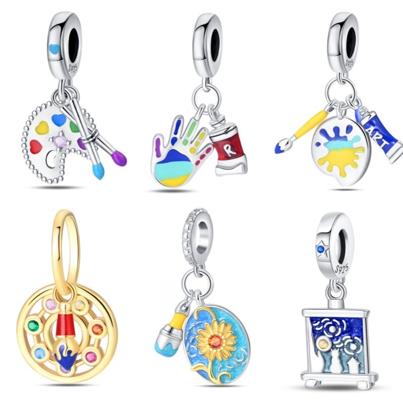 Original S925 prata esterlina charme jóias pulseira DIY pingente pintura a óleo série de cores presente do feriado