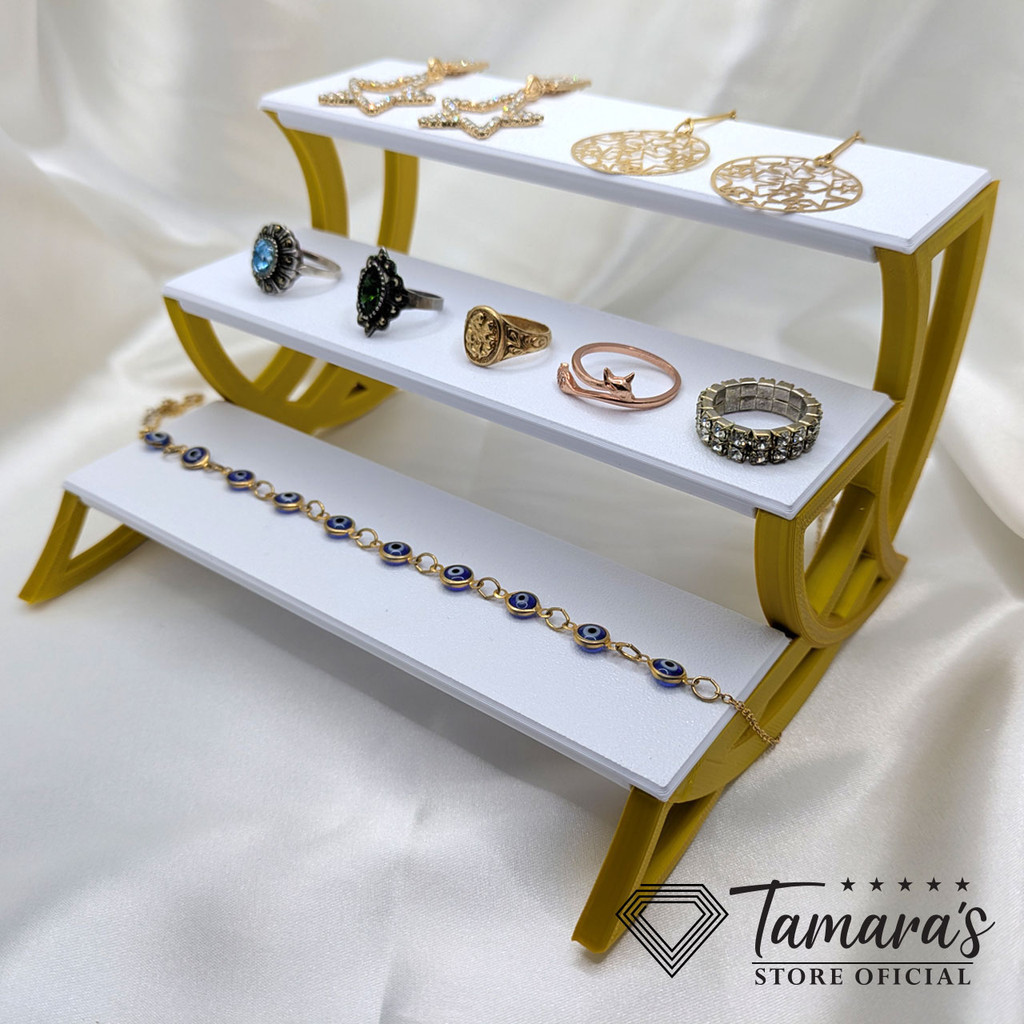 Expositor de jóias Escadinha Miniatura para Anel e Brincos Colares - Branco e Dourado em Oferta na Shopee