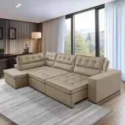 Sofá de Canto Retrátil e Reclinável com Molas 3,40x2,00 Esq Virginia Suede Bege Adonai Estofados