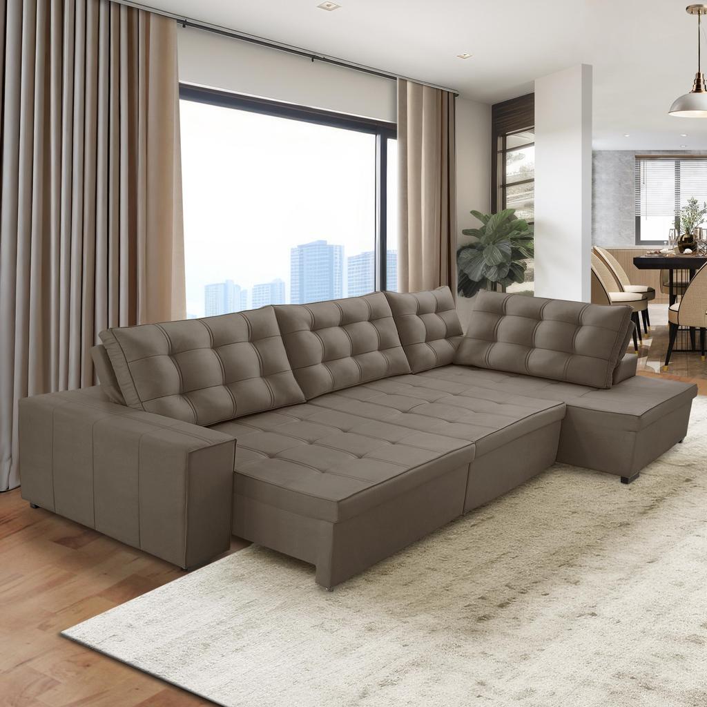 Sofá de Canto Retrátil e Reclinável com Molas 3,00x2,00 Jacke Suede Cappuccino Adonai Estofados em Oferta na Shopee