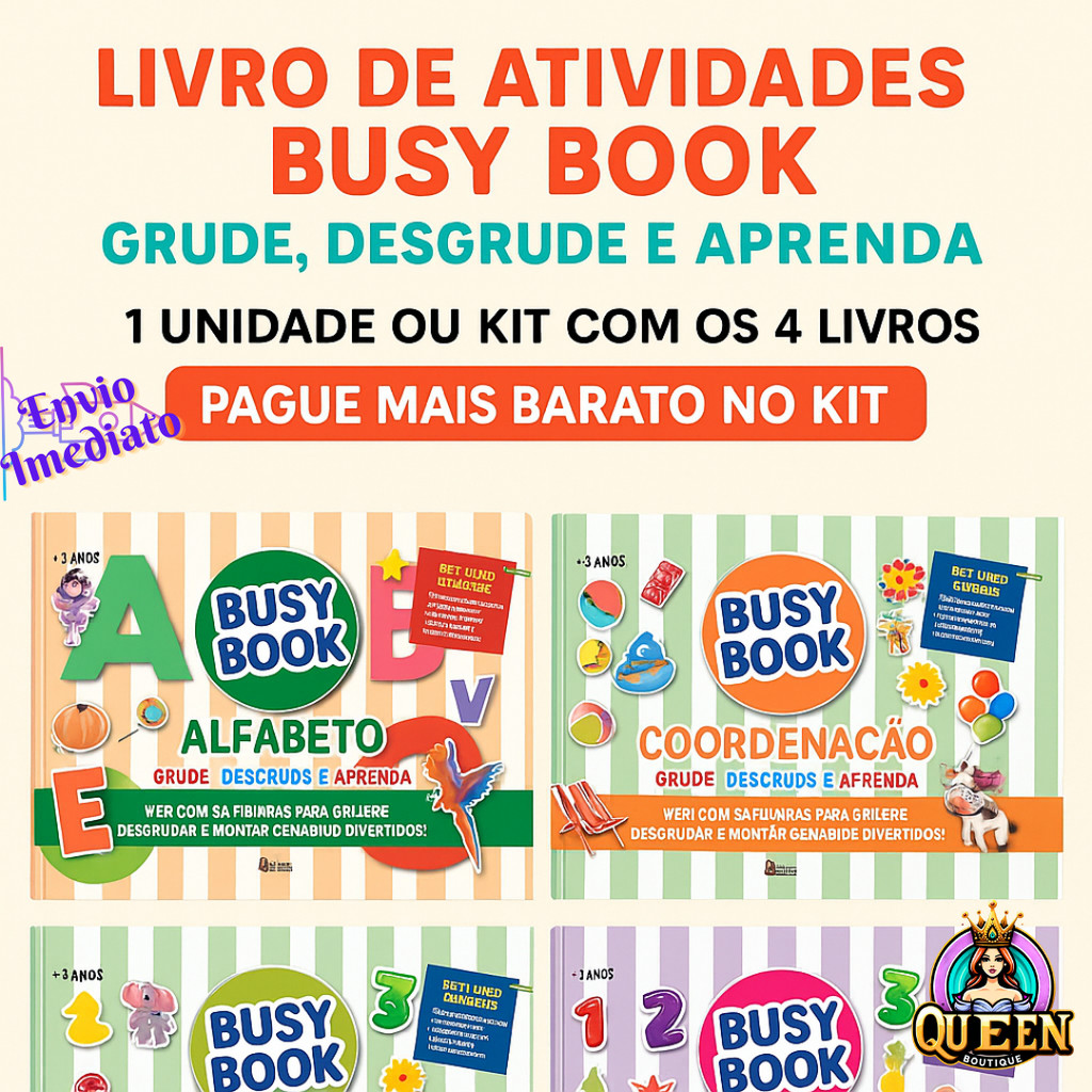Livro Busy Book Interativo Capa Dura Kit ou Unitário Grude Desgrude e Aprenda Alfabeto / Números / Coordenação / Animais