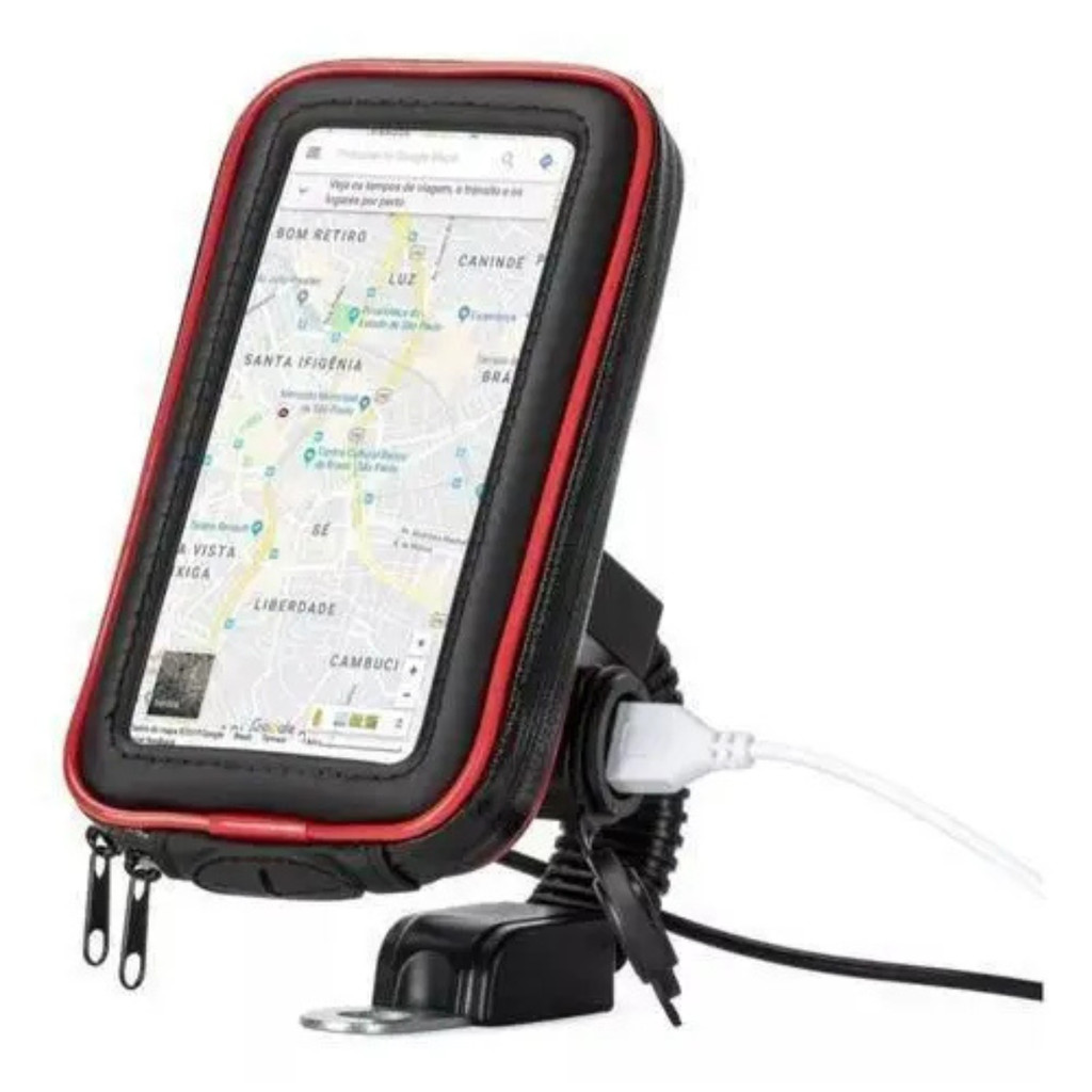 Suporte Celular Moto Tipo Bolsa p/ Retrovisor c/ Carregador USB Impermeável Stallion