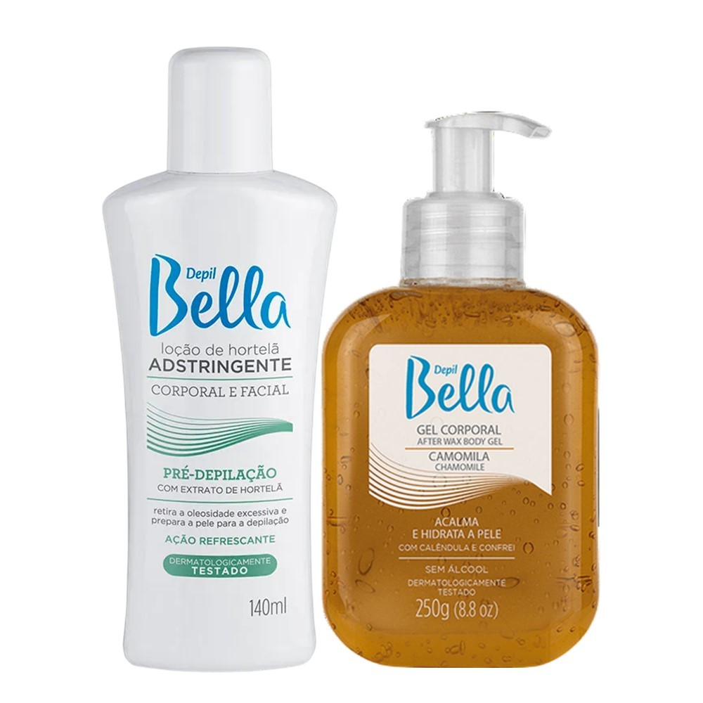Loção Pré-Depilação Adstringente e Gel Pós Depilação Pós Sol Refrescante Camomila Depil Bella