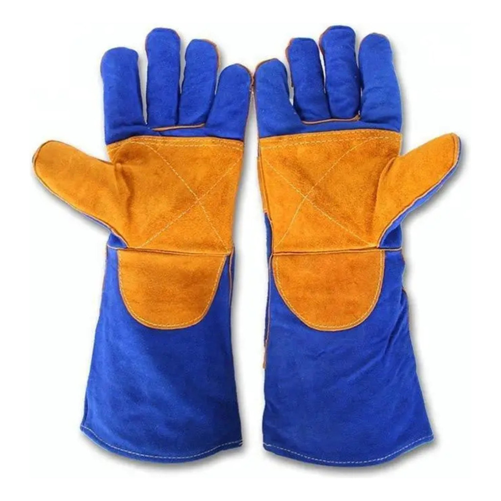 Luva Soldador Solda Térmica Alta Temperatura Calor Couro Raspa Punho Longo Reforçada CA Soldagem Azu