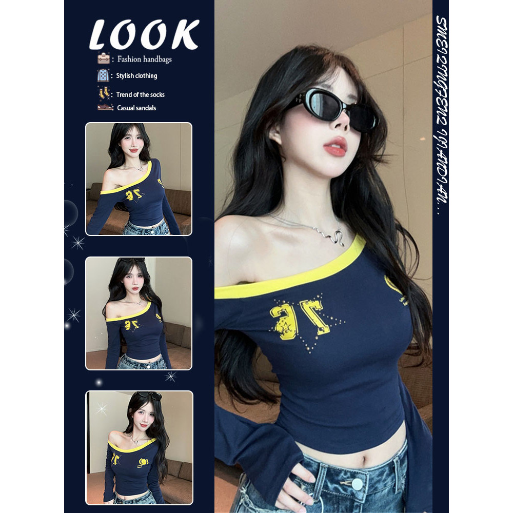 Azul marinho ombro oblíquo manga comprida camiseta feminina 2025 primavera outono novo estilo americano carta impressão 