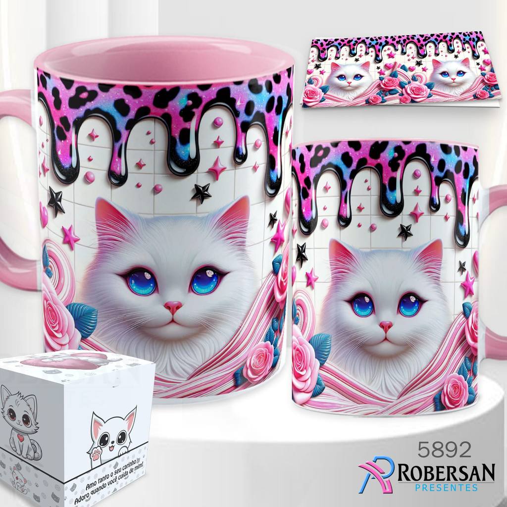 Caneca Gatinho 3D Gato Porcelana Pet Fofo Gatinhos Personalizada Gatos Xícara Ceramica Rosa Preto