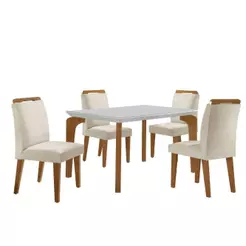 Conjunto Mesa Liz 120cm Com Vidro 4 Cadeiras Athenas Moderna Veludo Creme Off White Imbuia