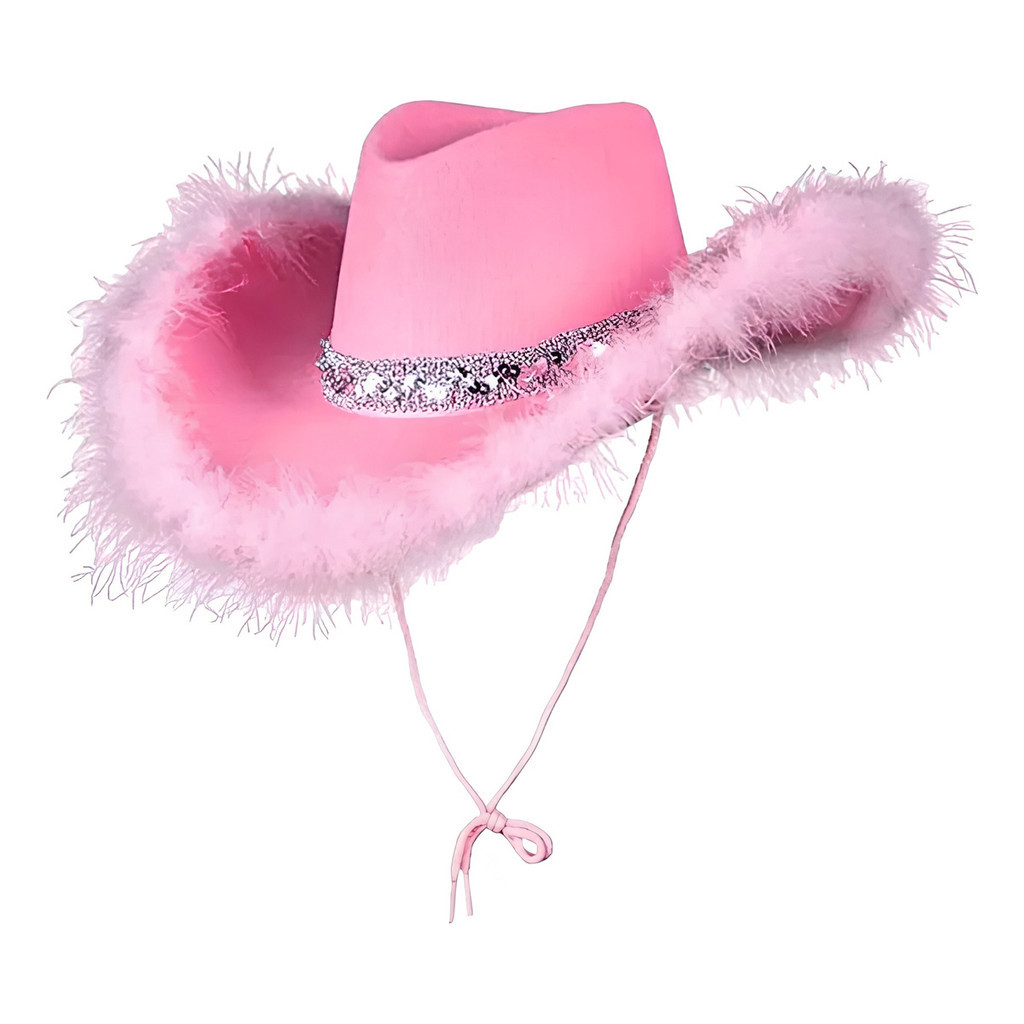 Chapéu Cowboy Rosa Pluma Faixa Prata Country Marabu Cowgirl Boiadeira Fantasia Ana Castela Carnaval