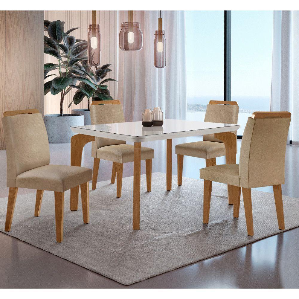Conjunto Mesa Liz 120cm Com Vidro Cp 4 Cadeiras Athenas Moderna Turim Off White Imbuia