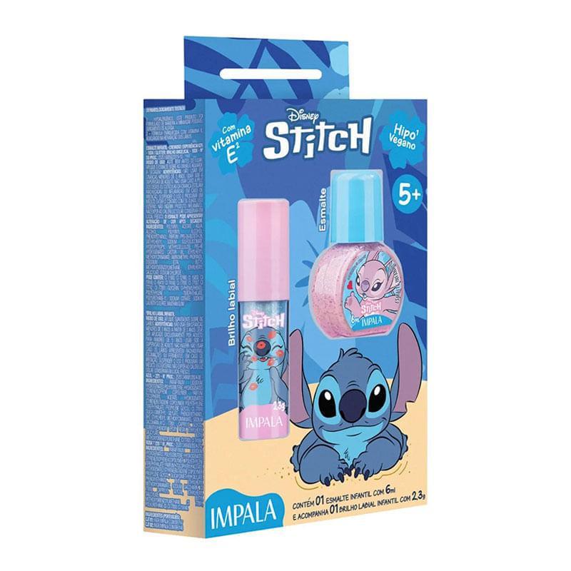Kit Esmalte Infantil Impala Rosa Stitch 6ml + Brilho Labial Infantil Stitch 2,3g